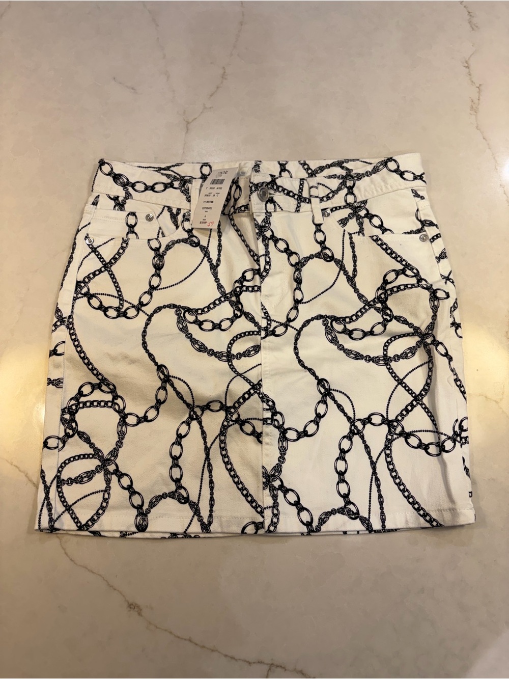 Cache White Mini Skirt with Black Chain Print